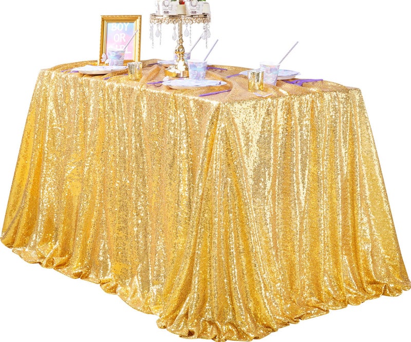 QueenDream 90x132inch Rectangle Sparkly Gold Sequin Tablecloth Wedding Glitter Tablecloth for Birthday Party Decor - Image 1